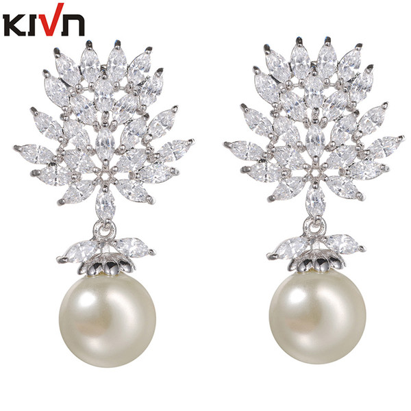 KIVN Fashion Jewelry Luxury Dangle CZ Cubic Zirconia Wedding Bridal Simulated Pearl Earrings for Women Birthday Christmas Gifts