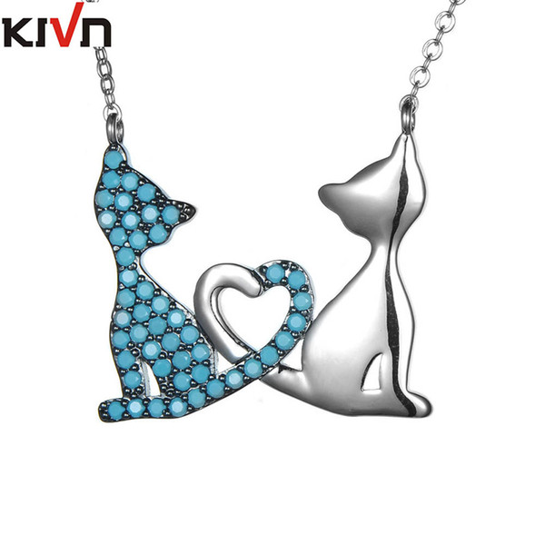 KIVN Fashion Jewelry Turquoise Animal Cat Cubic Zirconia Womens Girls Bridal Wedding Pendant Necklaces Promotion Birthday Christmas Gifts