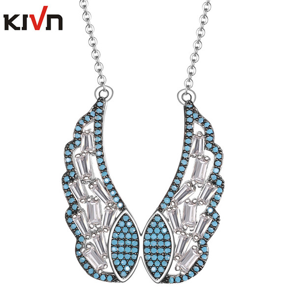 KIVN Fashion Jewelry Double Angel Wing Feather CZ Cubic Zirconia Womens Girls Wedding Bridal Pendant Necklaces Christmas Birthday Gifts