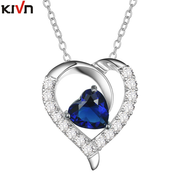 KIVN Fashion Jewelry Royal Blue Pave CZ Cubic Zirconia Women Girls Heart Wedding Bridal Necklaces Promotion Birthday Gifts