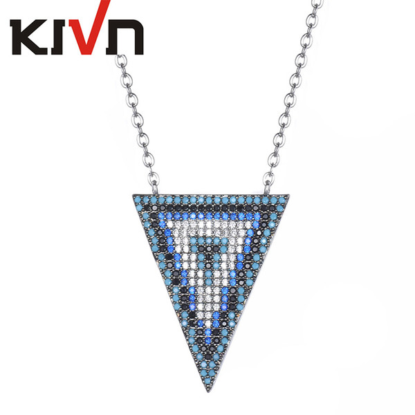 KIVN Fashion Jewelry Pave Blue CZ Cubic Zirconia Triangle Pendant Necklaces for Women Birthday Christmas Gifts