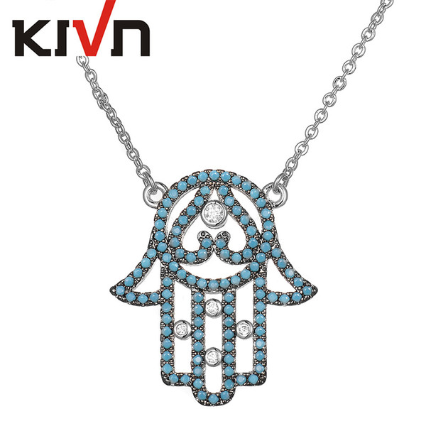 KIVN Fashion Jewelry Sparkling Multicolor Hamsa Hand Pave CZ Cubic Zirconia Turquoise Pendant Necklaces for Women