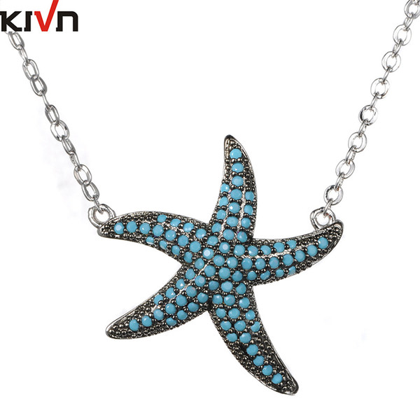 KIVN Womens Fashion Jewelry Blue Starfish Pendent AAA Cubic Zirconia Bridal Wedding Necklaces Promotional Christmas Girls Mothers Day Gifts