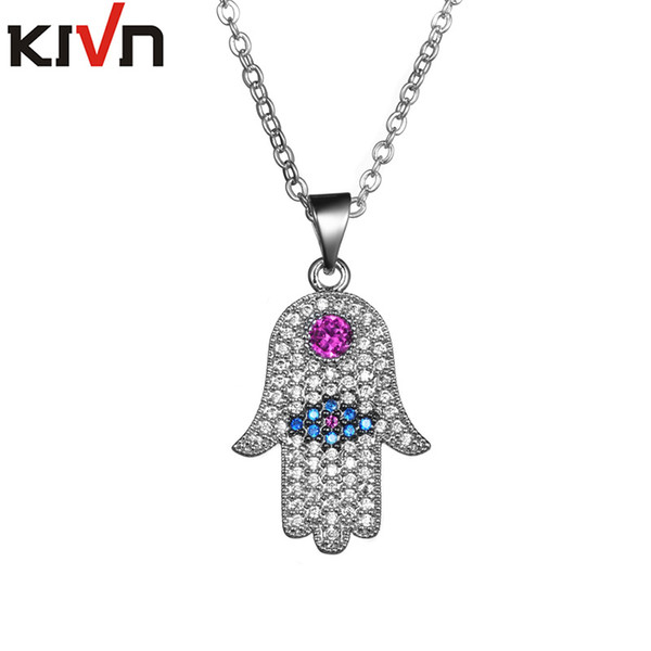 KIVN Fashion Jewelry Pave CZ Cubic Zirconia Turkish Evil Eye Hamsa Womens Girls Pendant Necklaces Promotion Birthday Gifts