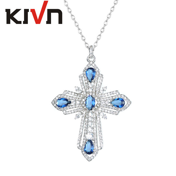 KIVN Fashion Jewelry Sparkling Delicate Royal Blue Pave CZ Cubic Zirconia Cross Pendants Necklaces for Women Birthday Christmas Gift