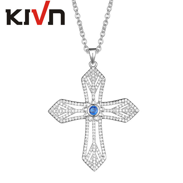 KIVN Fashion Jewelry Delicate Royal Blue Pave CZ Cubic Zirconia Bridal Wedding Cross Pendants Necklaces Promotion Birthday gifts