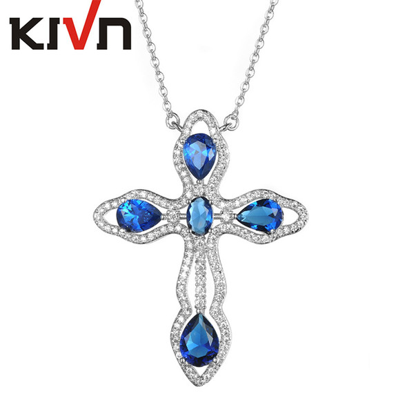 KIVN Fashion Jewelry Delicate Pave Royal Blue CZ Cubic Zirconia Womens Girls Cross Pendants Necklaces Promotion Birthday Gifts