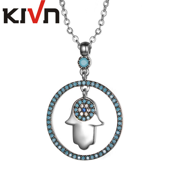 KIVN Fashion Jewelry CZ Cubic Zirconia Hamsa Blue Evil eye Bridal Wedding Pendant Necklaces for Women Girls Promotion Birthday Gifts