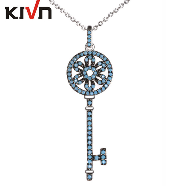 KIVN Womens Fashion Jewelry Blue Flower Key AAA Cubic Zirconia Bridal Wedding Necklaces Promotional Christmas Girls Mothers Day Gifts