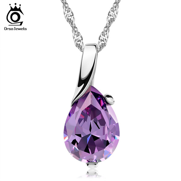 ORSA JEWELS New Design AAA Austrian Cubic Pendant Necklace on Silver Color Purple Zircon Pendant for Women Fashion Jewelry ON39