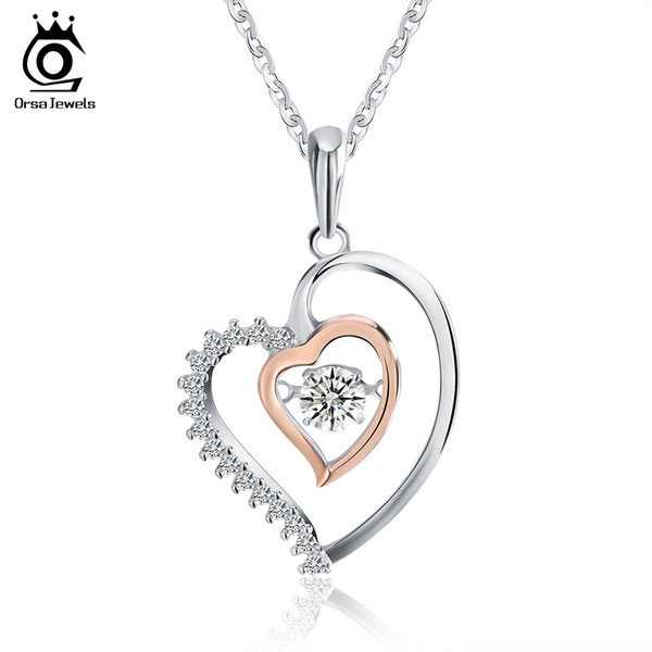 Genuine 925 Silver Double Heart Pendant Necklace with 0.3 ct Crystal Rhodium mixed Rose Gold Color Necklaces SN15