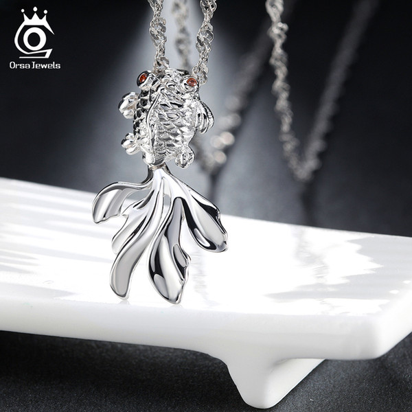 Sterling Silver Goldfish Necklace,18K Platinum Plating with 2 Piece Natural Garnet Eyes,Simple Silver Necklace ON17