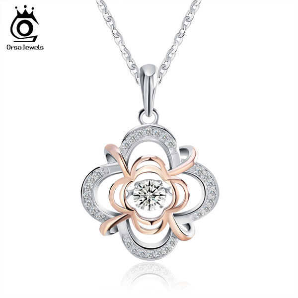 Genuine 925 Silver Cute Flower Pendant Necklaces mixed Rose Gold Color with Movable 0.3 ct Crystal for Women SN14