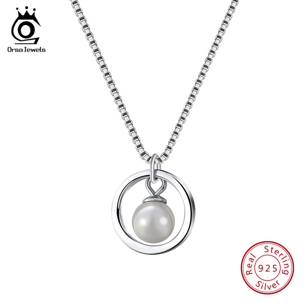 ORSA JEWELS 925 Sterling Silver Necklaces&Pendants For Women Simulated-pearl Round Shape Pendants Fashion Female Jewelry SN86