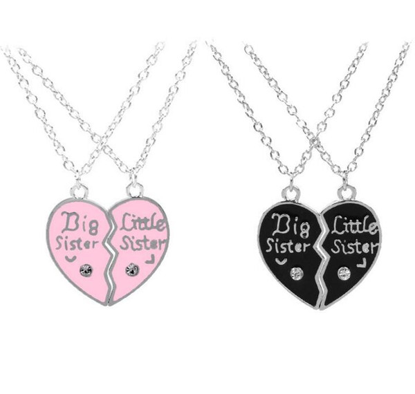 Letter Big Sister Little Sister Broken Heart Necklaces Crystal Pink Black Love Heart Pendants Best Sister Friend Jewelry for Daughter