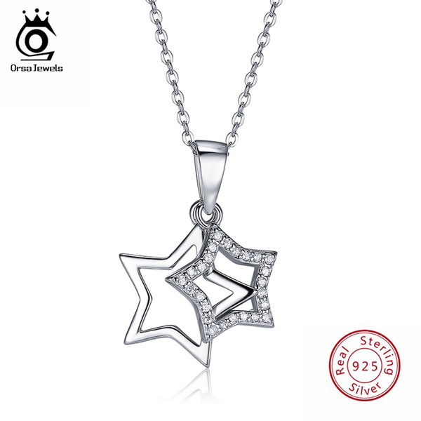 ORSA JEWELS 100% Real 925 Sterling Silver Pendants& Necklaces Shiny AAA Cubic Zircon Star Shape Women Fine Jewelry SN82