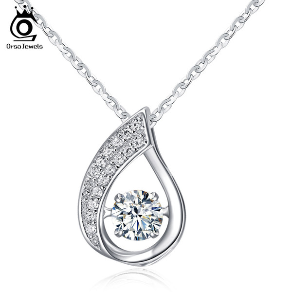 ORSA JEWELS 100% Sterling Silver 925 Water-Drop Pendant Necklace with Movable Shiny Cubic Zirconia Genuine Silver Jewelry SN41