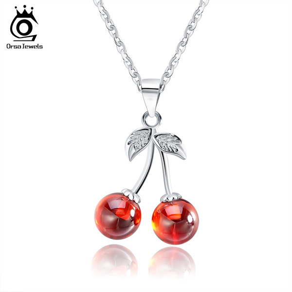 ORSA JEWELS 925 Sterling Silver Red Natural Stone Cherry Pendant Necklaces for Women Genuine Silver Jewelry Necklace Gift SN03