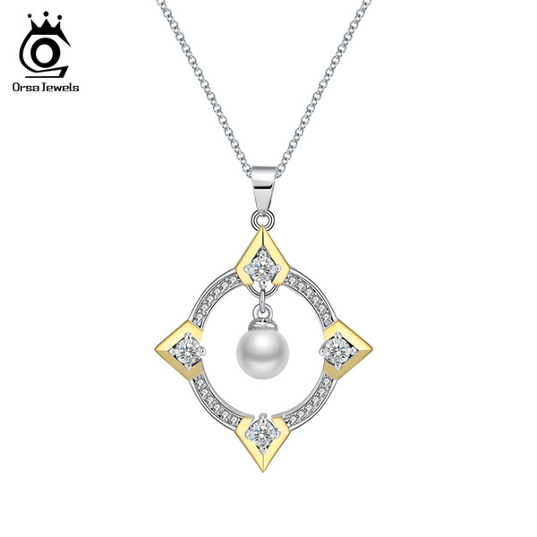 ORSA JEWELS Pendants For Women China Window Pattern Hollowed With Genuine Pearl CZ Girl Fashion Trendy Party Necklace ON153