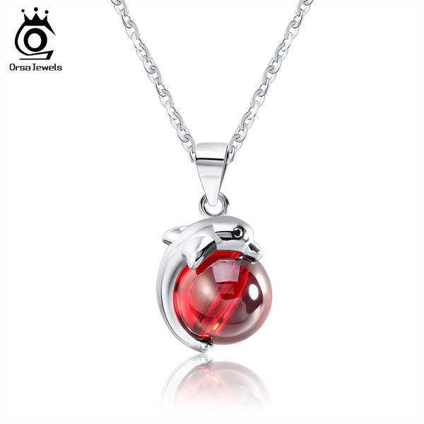 ORSA JEWELS Fashion 925 Sterling Silver Red Natrual Stone Dolphin Pendant Necklaces for Women Genuine Silver Jewelry Gift SN02