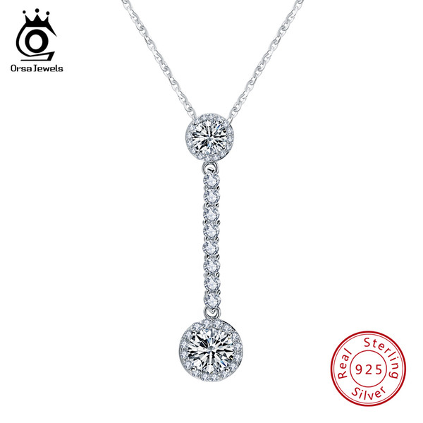 ORSA JEWELS Ethnic 925 Sterling Silver Necklace With Long Pendant AAA Shiny Cubic Zircon Female Wedding Party Girls Gift SN80