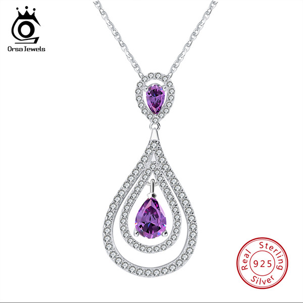 ORSA JEWELS 100% Real Sterling Silver Pendant With Chain 925 Women Necklaces Purple CZ Female Fashion Party Jewelry SN68