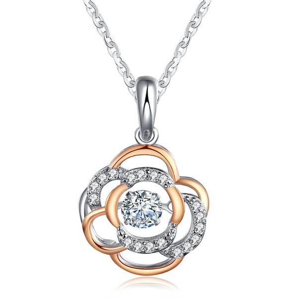 925 Sterling Silver Flower Pendant Necklace with 0.3 ct Shiny Cubic Zirconia mixed Rose Gold Color Necklaces SN12