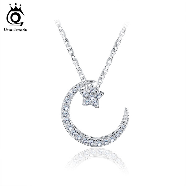 ORSA JEWELS 925 Sterling Silver Moon Star Pendant Necklaces with Austrian Crystal for Women Genuine Silver Jewelry Gift SN06