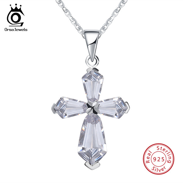 ORSA JEWELS Genuine 925 Sterling Silver Women Pendant & Necklace With Chain Cross Shape CZ Female Wedding Party Jewelry SN66