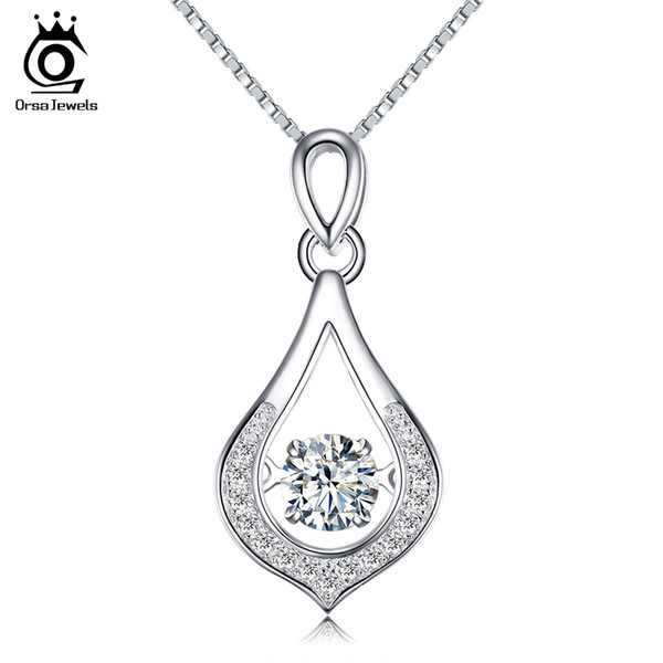 ORSA JEWELS Genuine 925 Sterling Silver Water Drop Pedant Necklaces with Movable Charm CZ Crystal Fashion Women Necklaces SN49