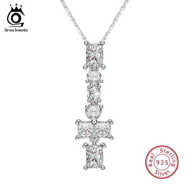 ORSA JEWELS Real 925 Sterling Silver Necklace And Pendant For Women Big Shiny CZ Long Pendants With Chain Female Jewelry SN77