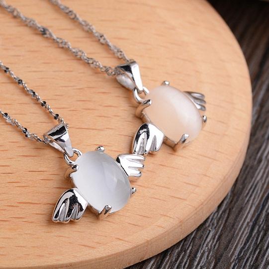 Pure 925 Sterling Silver Angel Pendants DIY Leather Necklaces Women' Jewelery Wings Egg Opal Slide Fashion Halloween Party Gifts 17*18mm 1pc