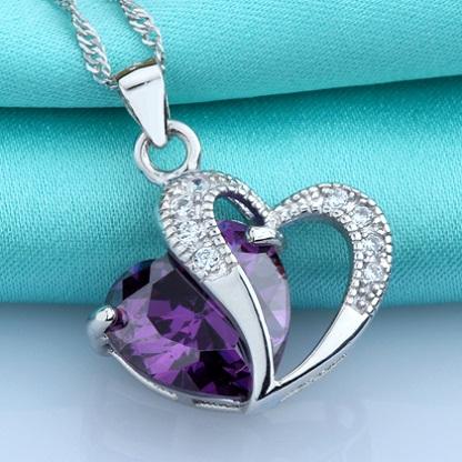 s925 Standard Silver Jewellery Women Wholesales Necklaces Pendants Heart Love Purple Shiny Crystal Slide Fashion Popular Christmas Gifts 1pc