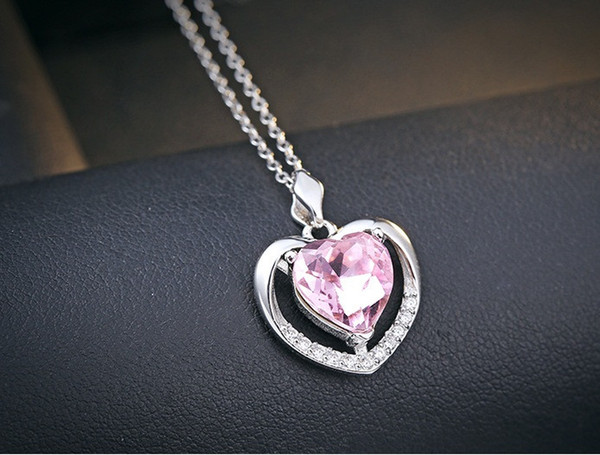 pink crystal heart pendants 925 sterling silver necklace ladies jewelry woman love open hollow ocean blue diamond fashion causal 23x17mm 1pc