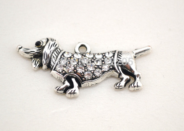 Crystal Dogs free shipping 10pcs antique silver zinc studded with sparkling clear crystals Dachshund Animal Pendant