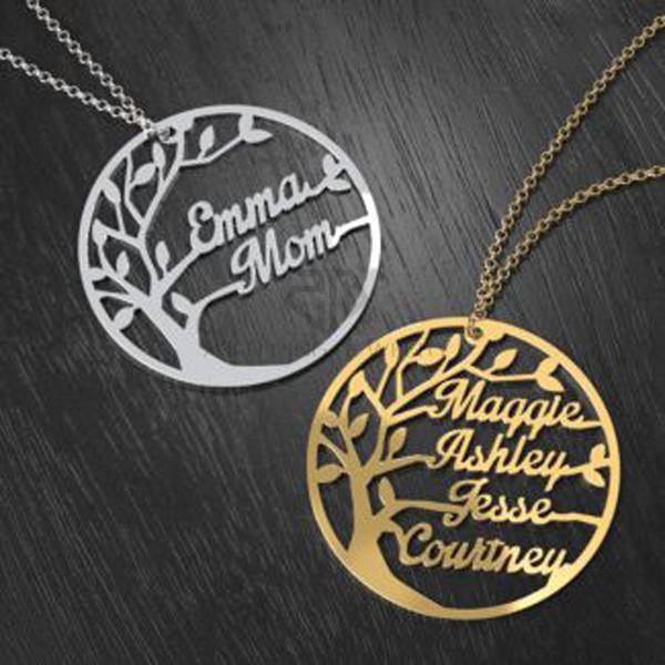 Custom Family Tree Cutout Name Necklace Stainless Steel Gold Color Personalized Family Names Branches Family Keepsake Mothe's Necklace