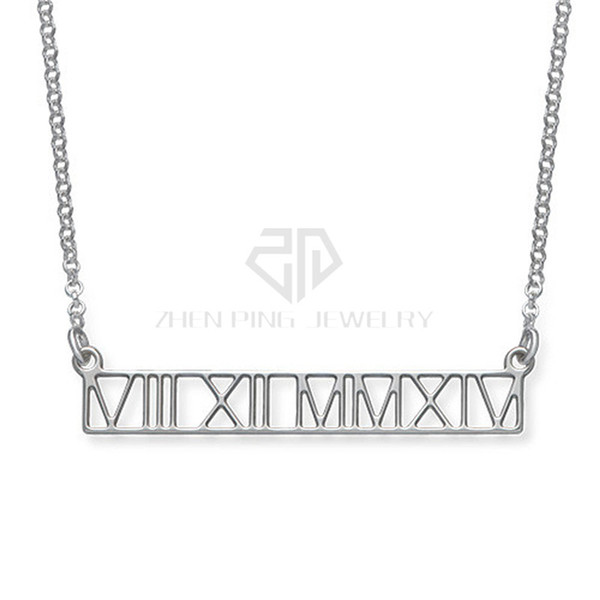 Personalized Cut Out Design Roman Numeral Bar Necklace Engraving Name Necklace 316L Stainless Steel Pendant with the name