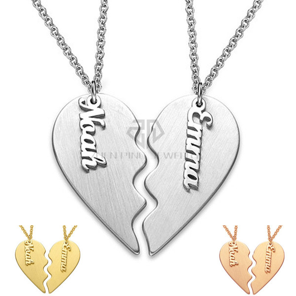 Valentine's Day Gift Personalized Classic Breakable Heart Custom Couple Necklace Stainless Steel Two Half of a Single Heart Name Pendant Set