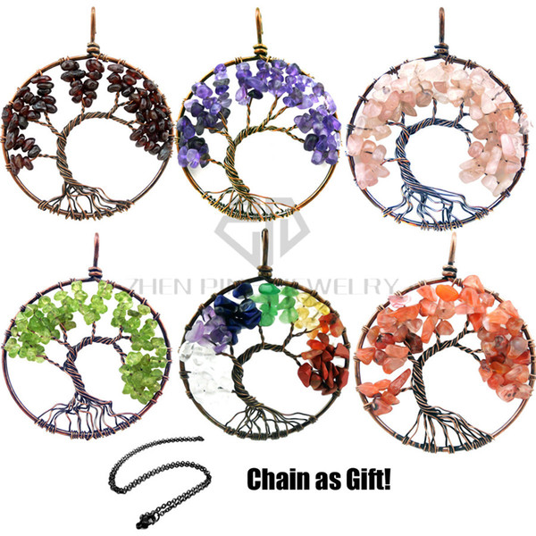 Fashion Women Rainbow 7 Chakra Tree Of Life Quartz Necklace Natural Stone Wisdom Chakra Bead Pendant with free black Chain