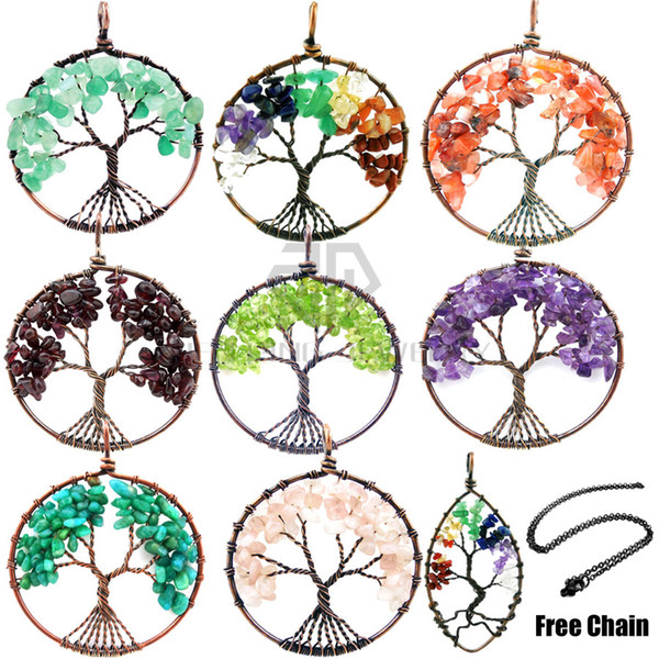 With Free Black Chain! Chakra Stone Chips Beads Tumbled Stone Wire Wrap Tree Of Life Healing Chakra Pendant