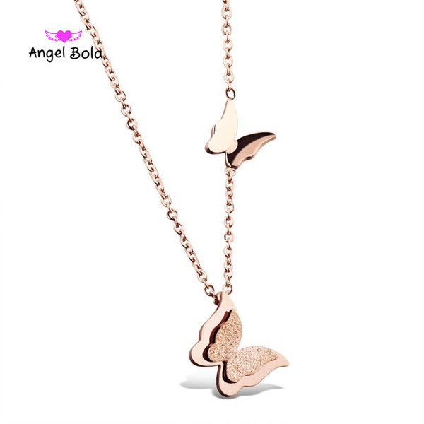 Rose Gold Stainless Steel Butterfly Necklace Womens Girls 3D Frosted Butterfly Pendant Charms Clavicle Chain Necklace