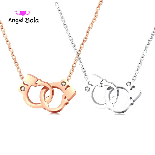 Handcuffs With Lock Pendant Necklace For Woman Inlaid Cubic Zirconia Stainless Steel Cute Jewelry Gift For Girls