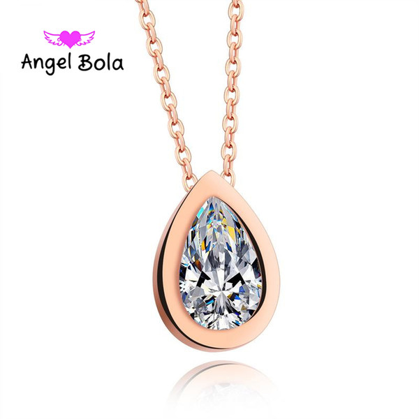 Fashion rose gold white Zircon CZ Teardrop Water Droplet Pendant Necklace Women Jewelry Charm Necklace Stainless Steel Chain Choker