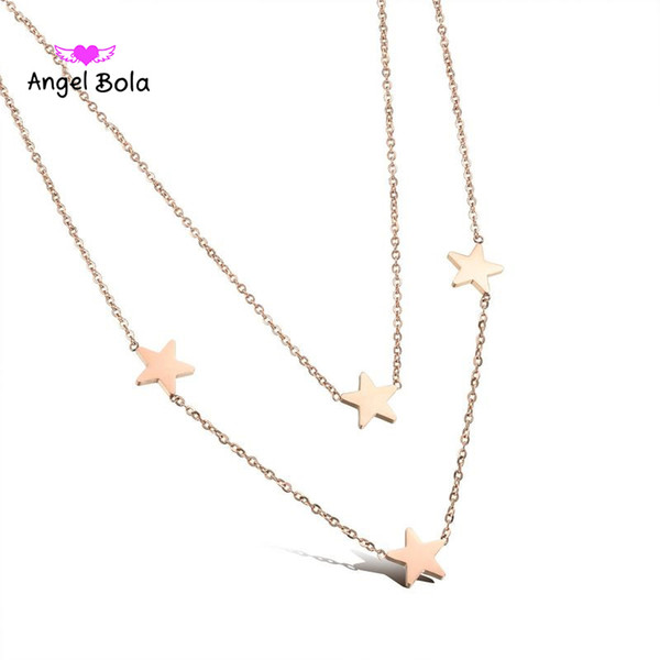 Trendy Titanium Steel Rose Gold Color Double Clavicle Ladies Pendant Necklace Five-pointed Star Necklace For Women Gifts