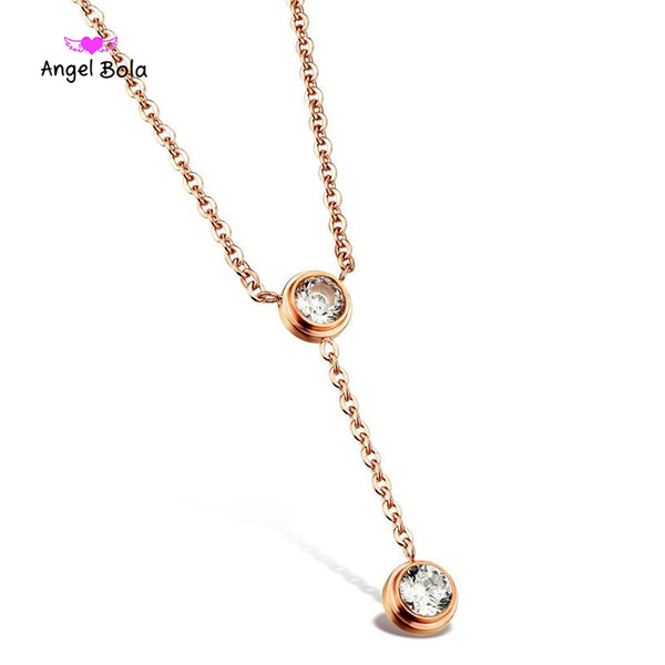 Romantic Woman's Long Zircon Round Rose Gold Color Sweater 316L Stainless Steel Pendant Necklaces For Women