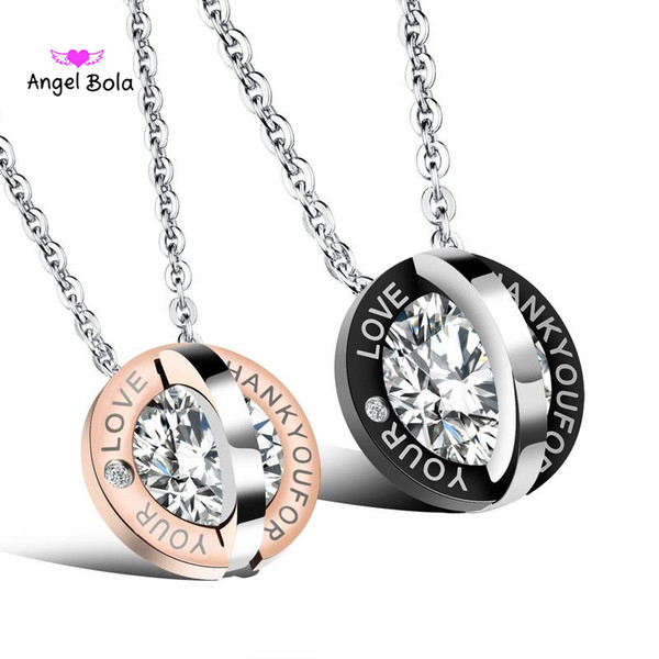 Fashion Stainless Steel Mens Womens Couple Necklace Interlocking Double Circles Pendant Necklace Thank you for your Love CZ Matching Set