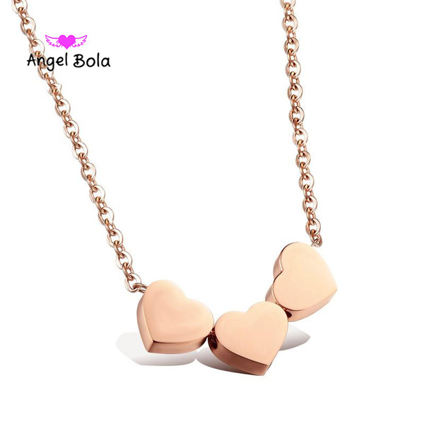 Simple Trendy Rose Gold Color Three Heart Pendant Necklace Fashion Women Lovely Valentine Gift Statement Necklace Jewelry