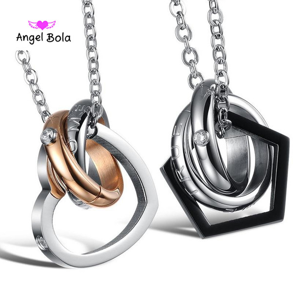 Fashion Couple Necklace 316L Stainless Steel DREAM COME TRUE Lettering Name Logo Double Circle Pendant Necklaces For Lovers