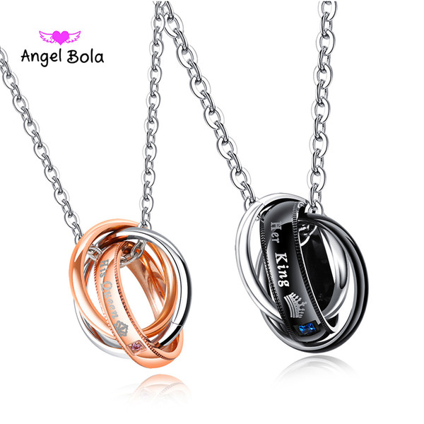 Fashion Black Necklaces & Pendants Her King and His Queen Black Titanium Couple Necklace Stainless Steel Pendant Gifts