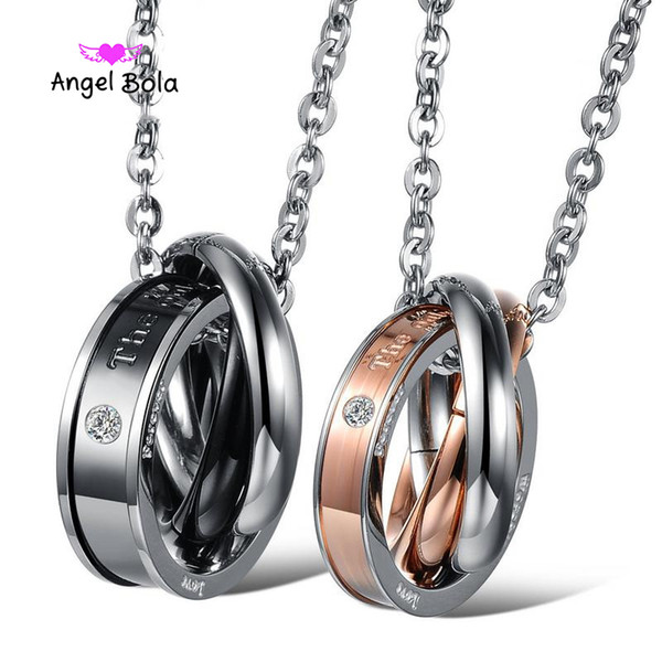 New Double Circle Pendant Necklace Couple Crystal Titanium Steel Necklaces Popular Jewelry Accessories